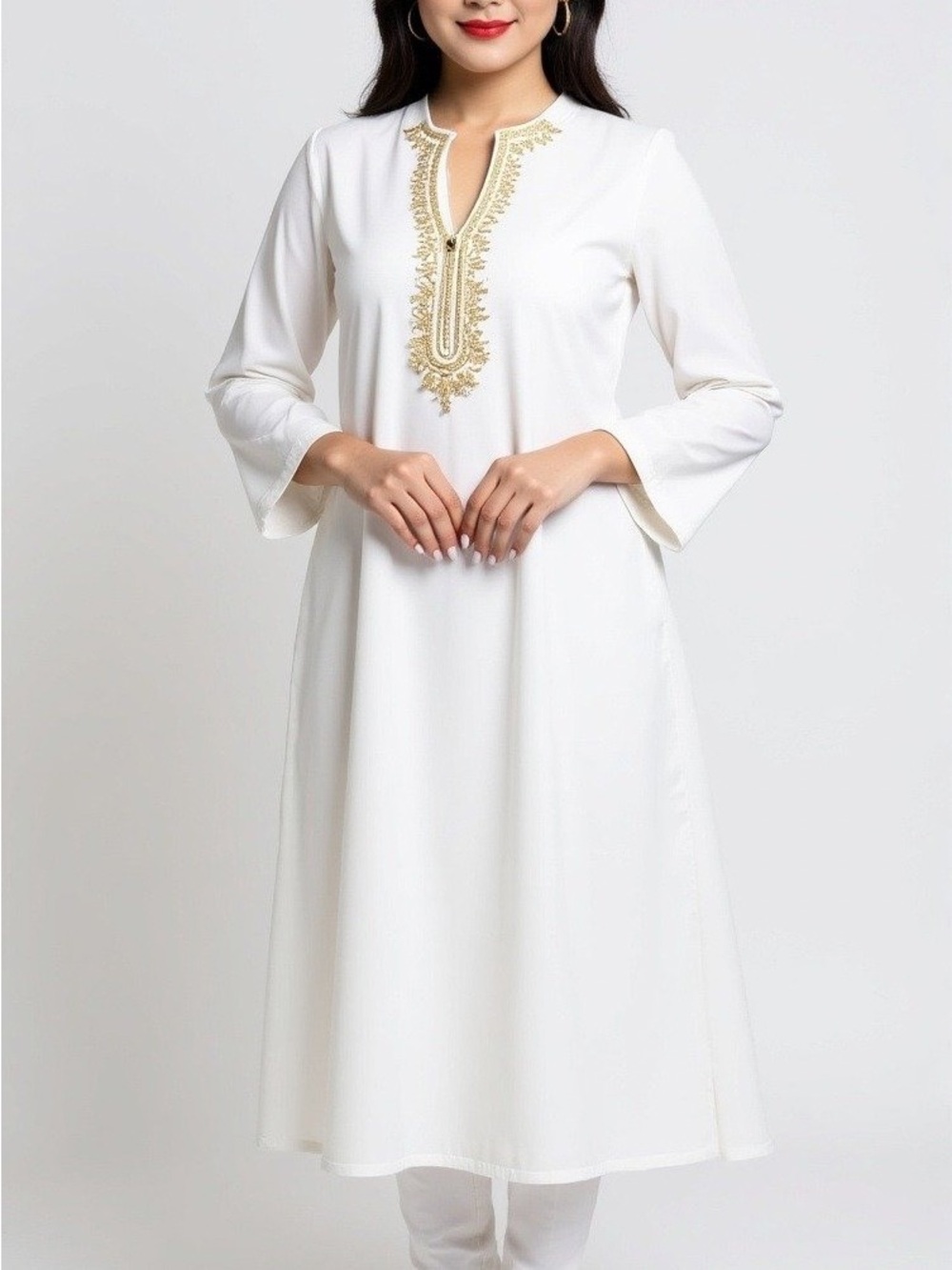 White Women's Long Sleeve Dupatta-Stole Style Tunic with Gold Embroidery